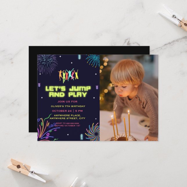 Invitation Neon kids trampoline parc photo anniversaire (Devant/Arrière en situation)