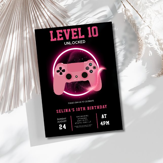 Invitation Neon Level 10 Unlocked video game birthday (Créateur téléchargé)