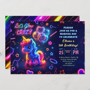 Invitation Neon Lights brillant amusant Unicorn Anniversaire