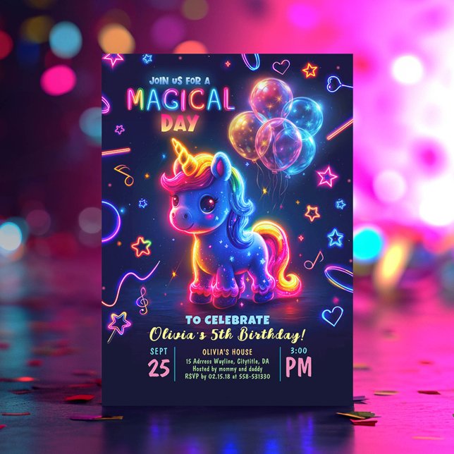 Invitation Neon Lights brillant amusant Unicorn Anniversaire (Neon Unicorn Birthday Invitations)