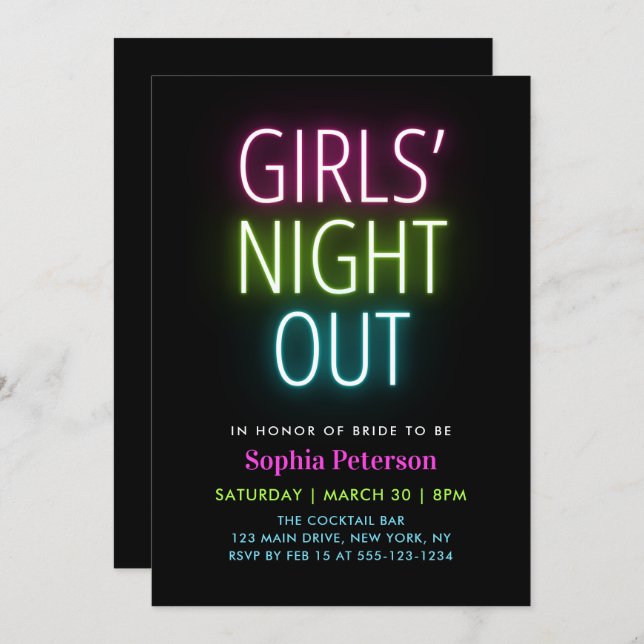 Invitation Neon Lights Girls Night Out Bachelorette Party (Devant / Derrière)