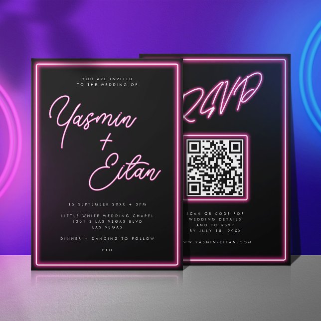 Invitation Neon Lights Hot rose noir Mariage de code QR (Black invitation with pink neon light script for the bride and groom's names)