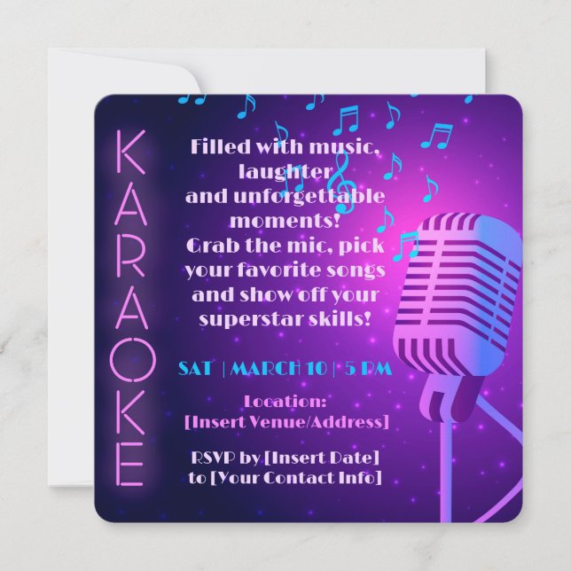 Invitation Neon Lights & Microphone Karaoke Party (Devant)