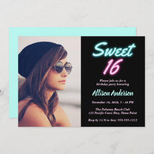 Invitation Neon Lights Photo Sweet 16 Anniversaire fête