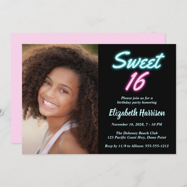 Invitation Neon Lights Sweet 16 Photo Anniversaire (Devant / Derrière)