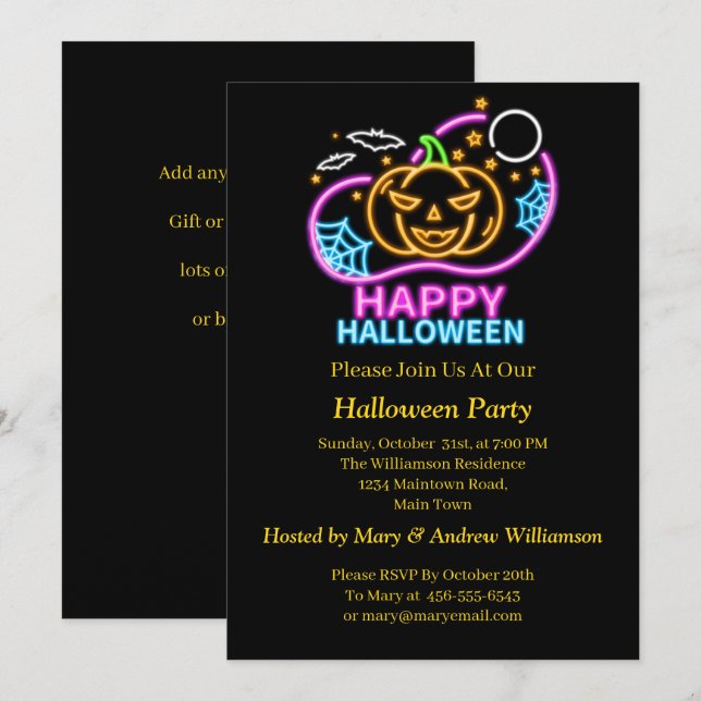 Invitation Neon Llow Look Halloween Citrouilles chauves-souri (Devant / Derrière)