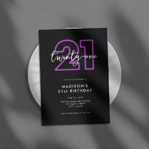 Invitation Neon minimaliste moderne 21e anniversaire