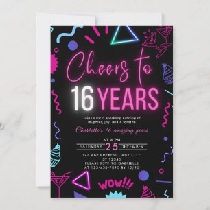 Invitation Neon moderne encourage à 16 ans 16e anniversaire f
