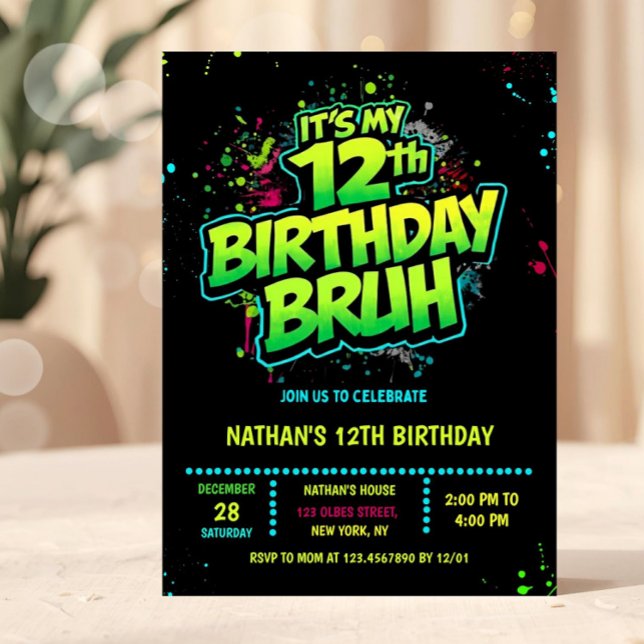 Invitation néon moderne pour les 12 ans d'un garço (neon 12th birthday invitation, 12th birthday party, 12 twelve, green black, gamer gaming tech comput)