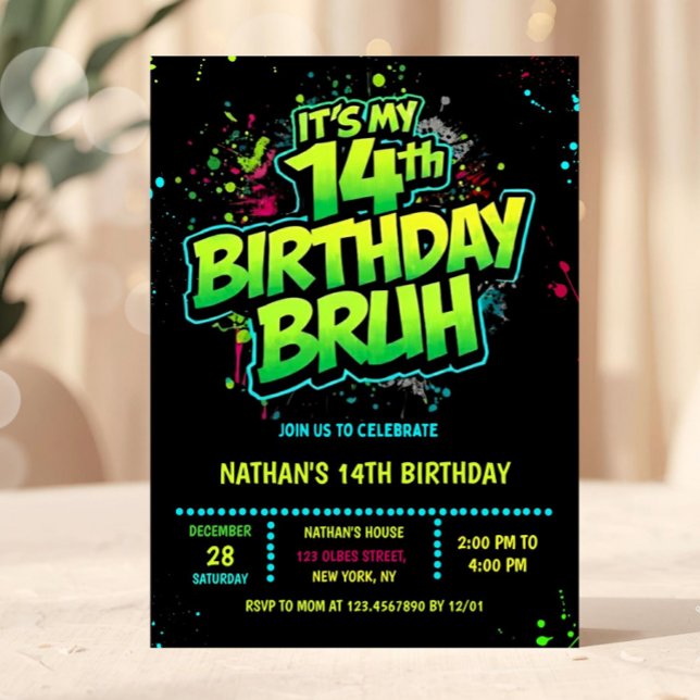 Invitation néon moderne pour les 14 ans d'un garço (Bruh, You In? Neon Arcade Video Games Boy Birthday Invitation)