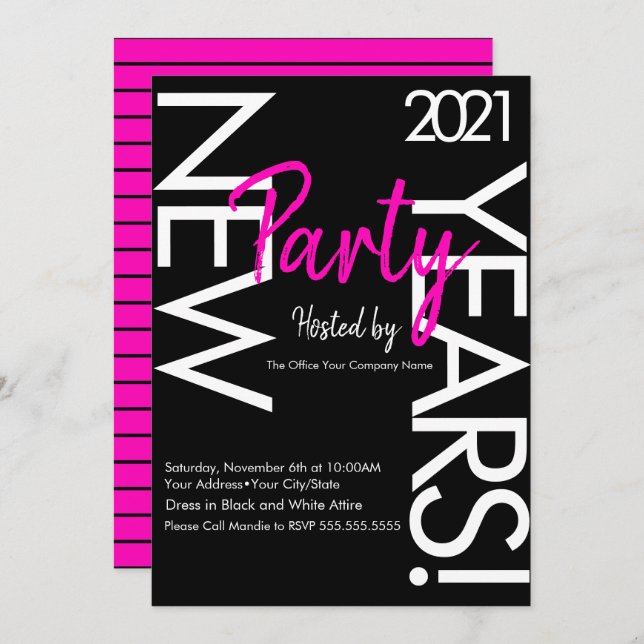 Invitation Neon New Years Party 2021 Typographie blanche rose (Devant / Derrière)