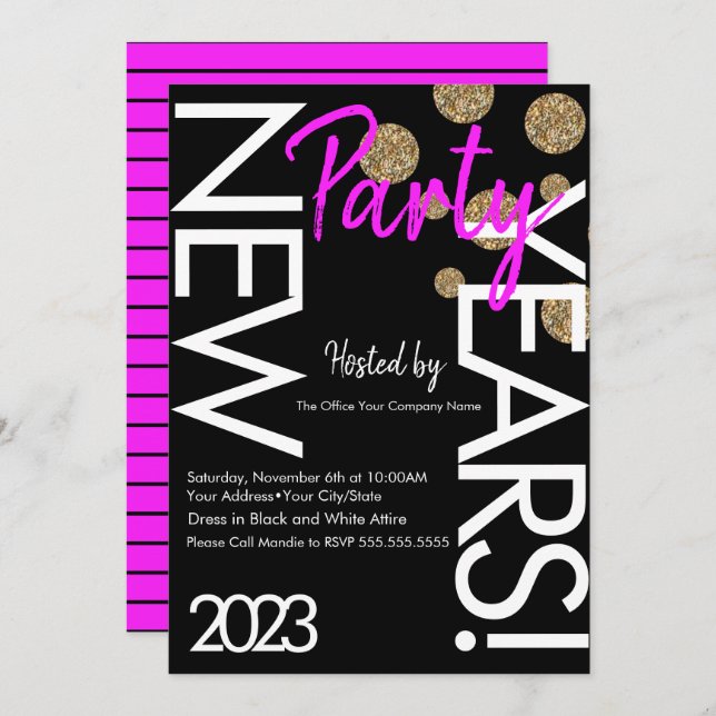 Invitation Neon New Years Party 2023 Typographie blanche rose (Devant / Derrière)