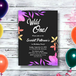 Invitation Neon noir et blanc brillant Floral 1er anniversair
