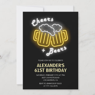 Invitation Neon noir Hommes Cheers et bières 61e anniversaire