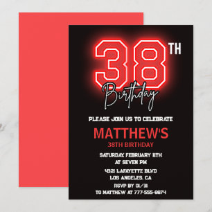 Invitation Neon Noir Rouge Hommes Sport 38e anniversaire