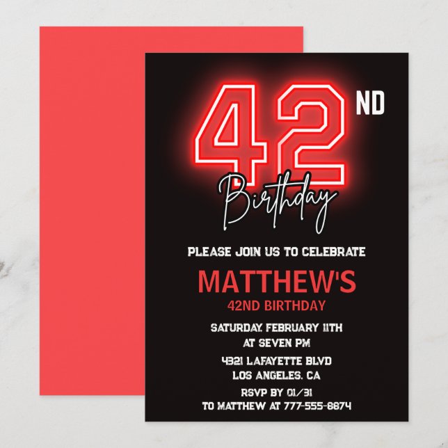 Invitation Neon Noir Rouge Hommes Sport 42e anniversaire (Devant / Derrière)