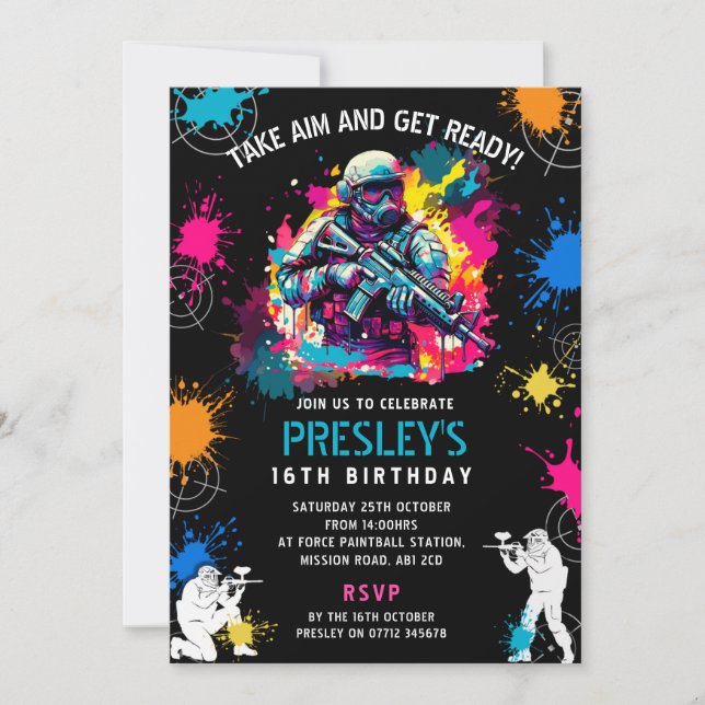 Invitation Neon Paintball Invite - Combat Glow Birthday Party (Devant)