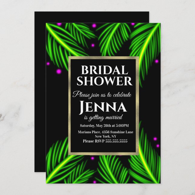 Invitation Neon Palm Leaf Bright Tropical Fête des mariées (Devant / Derrière)
