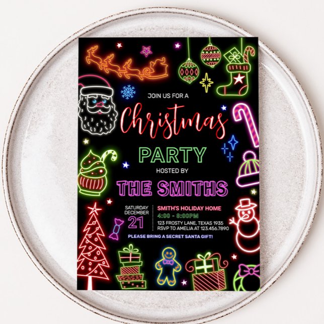 Invitation Neon Père Noël Christmas Party (Neon Santa Claus Christmas Party Invitation)