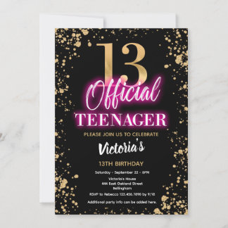 Invitation Neon Pink 13th Birthday Party