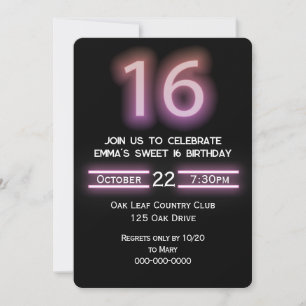 Invitation Neon Pink 16e fête d'anniversaire