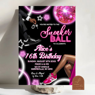 Invitation Neon Pink Basket Ball et Disco Ball Anniversaire