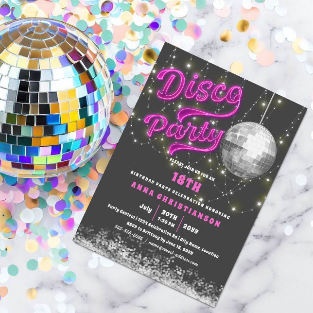 Invitation Neon Pink Disco fête d'anniversaire (Pink neon disco party invitation with string lights and a silver disco ball.  )