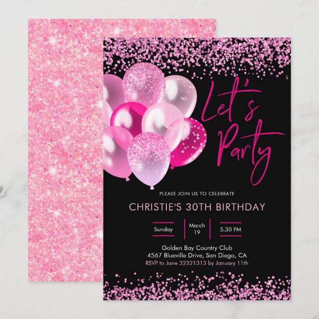 Invitation Neon Pink et Gold Sparkling Party (Devant / Derrière)