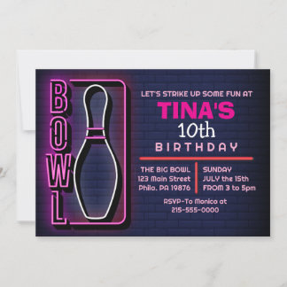 INVITATION NEON PINK FÊTE D'ANNIVERSAIRE DU PARTI BOWLING ADU