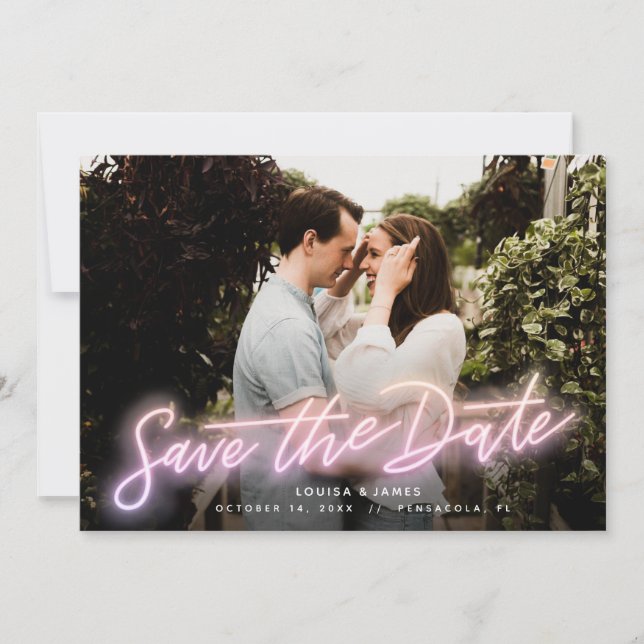 Invitation Neon Pink photo horizontale Enregistrer la date (Devant)