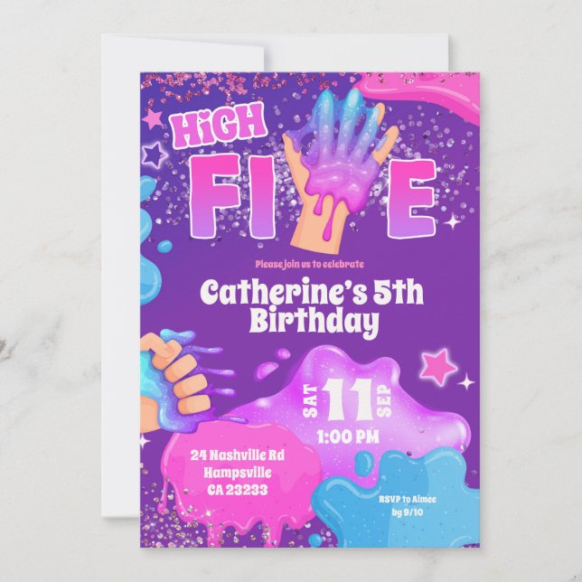 Invitation Neon Pink Purple Slime High Five Birthday Invitati (Devant)