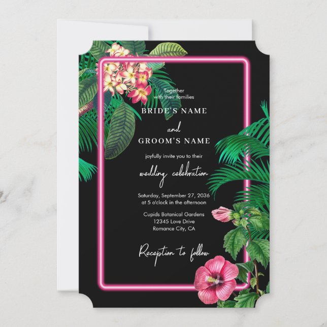 Invitation Neon Pink Tropical Retro Botanical Mariage (Devant)