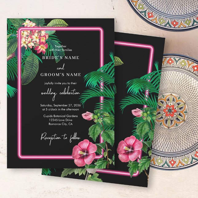 Invitation Neon Pink Tropical Retro Botanical Mariage (Neon Pink Tropical Retro Botanicals Wedding Invitation)