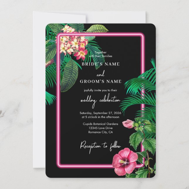Invitation Neon Pink Tropical Retro Botanical Mariage (Devant)