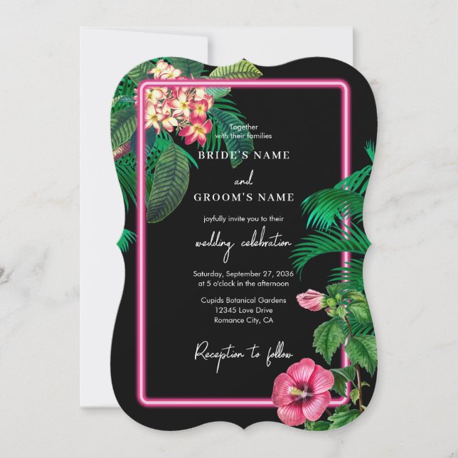 Invitation Neon Pink Tropical Retro Botanical Mariage (Devant)