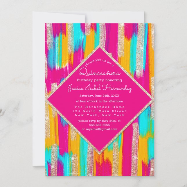 Invitation Neon Pink Turquoise or Parties scintillant Peintur (Devant)