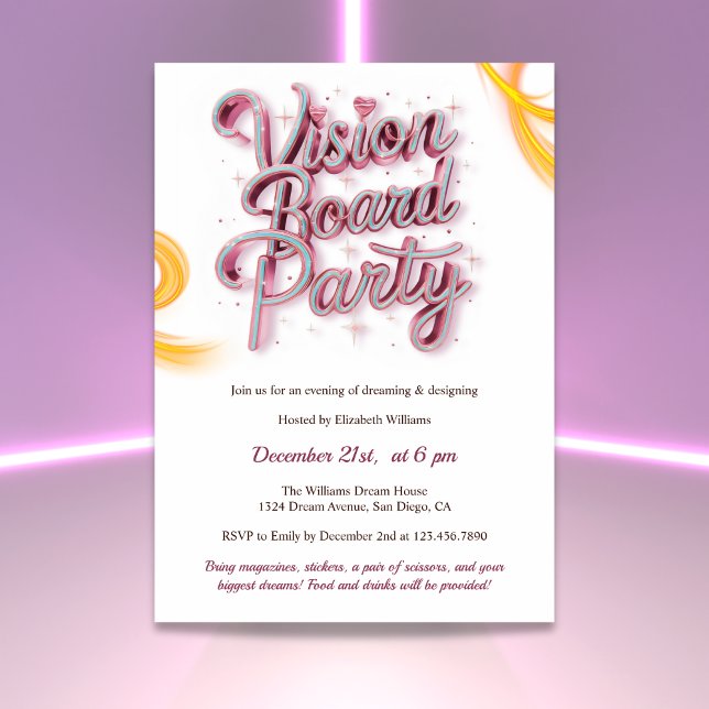 Invitation Neon Pink Vision Board Manifestation Party (Neon Vision Board Manifestation Party Invitation)