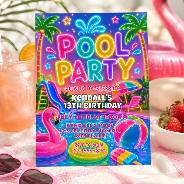 Invitation Neon Pool Party Anniversaire | Été de Glow  (Créateur téléchargé)
