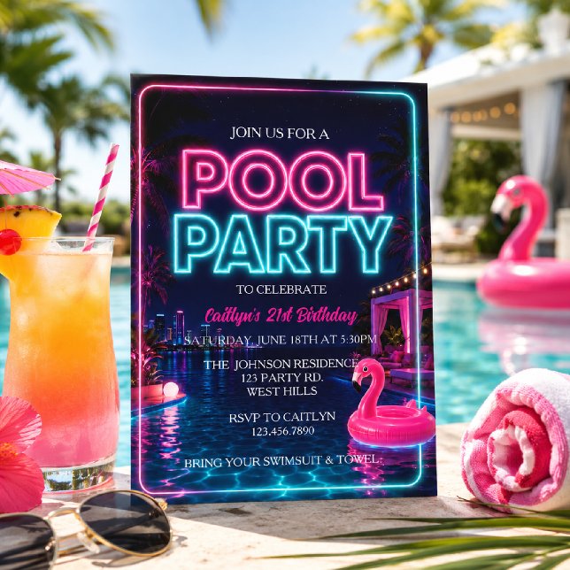 Invitation Neon Pool Party, Fête estivale de natation (Créateur téléchargé)