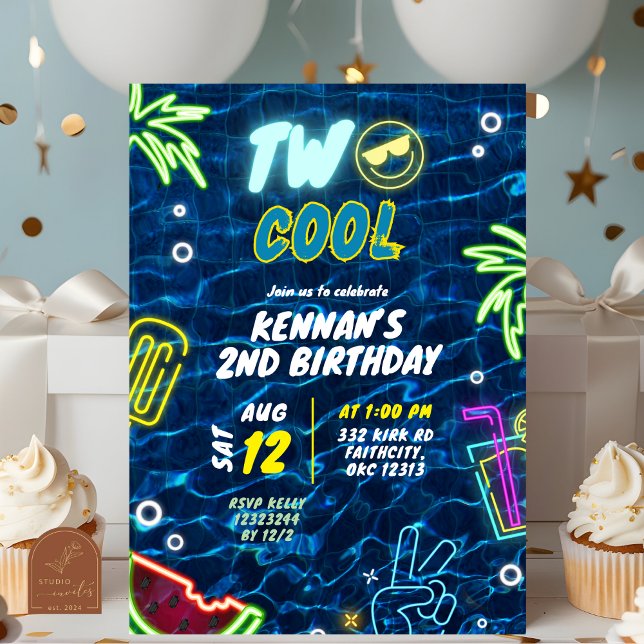 Invitation Neon Pool Summer Two Cool 2e Anniversaire (Créateur téléchargé)