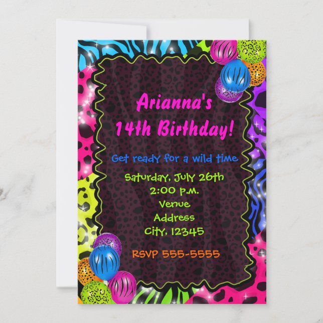 Invitation Neon Poster de animal Cheetah leopard Zebra Party (Devant)