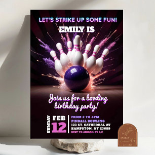 Invitation Neon Purple Bowling Cosmique Grève Anniversaire