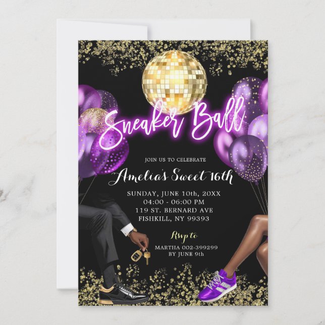 Invitation Neon Purple Disco Basket Ball Girl'anniversaire (Devant)