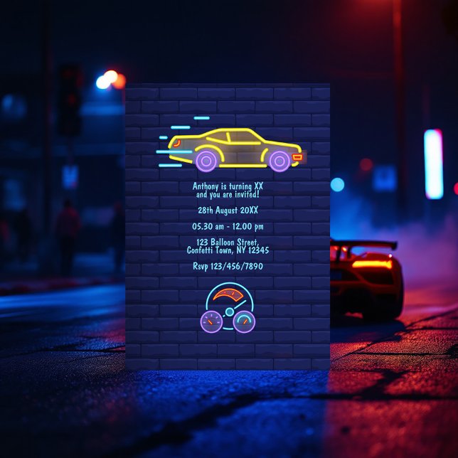 Invitation Neon Racing Car Anniversaire Photo (Neon Racing Car Birthday Party Photo Invitation)