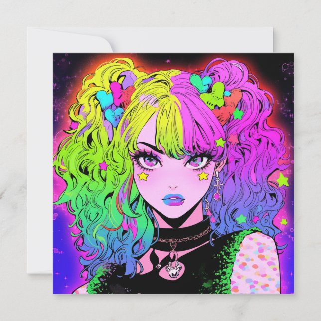 Invitation Neon Rainbow Goth Anime Girl Portrait (Devant)