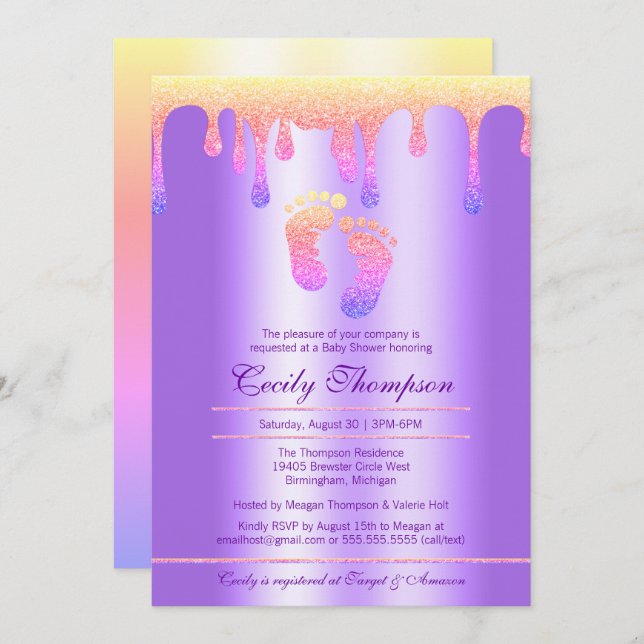 Invitation Neon Rainbow Parties scintillant Drip Luxury Baby  (Devant / Derrière)