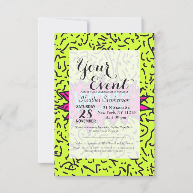 Invitation Neon Retro 80's 90 Scribbled Wow!Typographie (Devant)