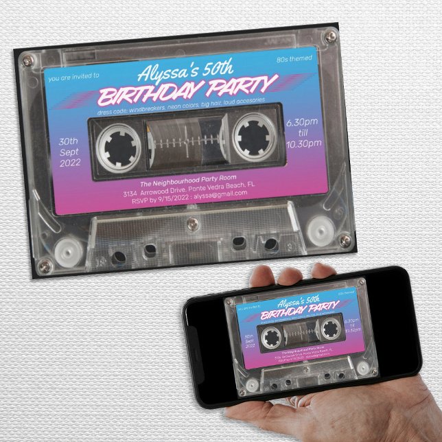 Invitation Neon Retro 80s Cassette 50e Anniversaire (Neon Retro 80s Cassette 50th Birthday Party Invitation)