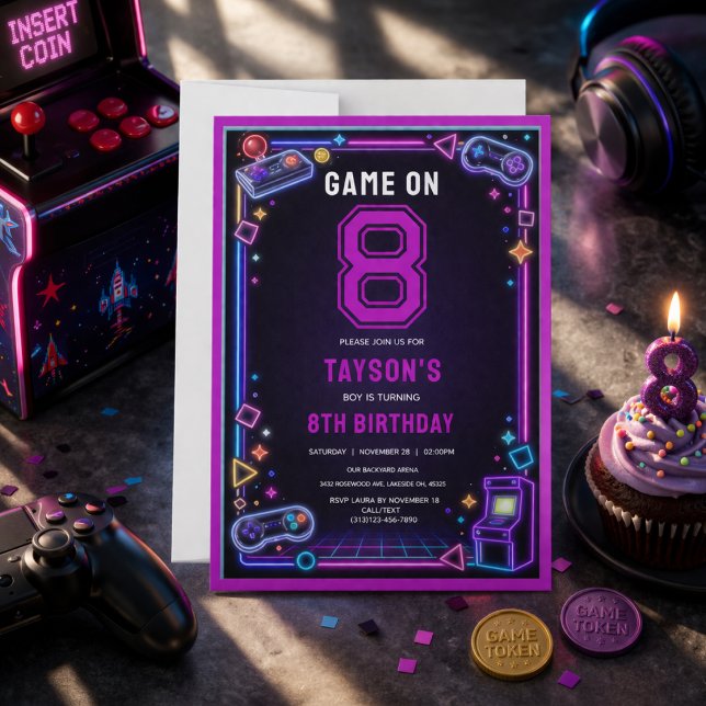 Invitation Néon Rétro Arcade Jeux Anniversaire 8 Ans (Neon Glow Retro Arcade Gaming 8th Birthday Invitation
)