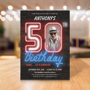 Invitation Neon Retro Photo Surprise 50e fête d'anniversaire